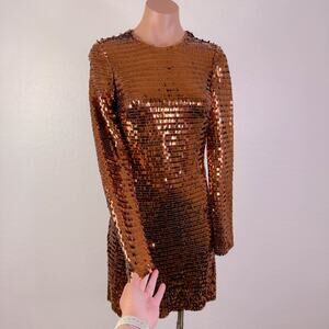 Gianni Bini Celeste Sequin NYC Showgirl Long Sleeve Dress Gold Disco Party 0 NWT